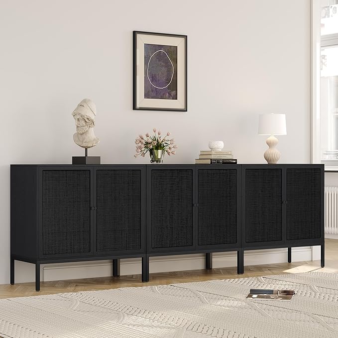 Yechen Full Black Rattan Cabient, Boho Sideboard Cabinet with Natural Rattan Decorated Doors, 31.5" W Accent Cane Credenza Buffet Console Storage, for Living Room Entryway Kitchen, Metal Legs/Set of 3