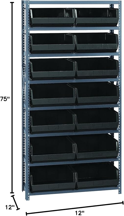 Quantum Storage Systems QSBU-250BK Giant Open Hopper Steel Shelving System, 12" D x 36" W x 75" H, with 8 Shelves and 14 QUS250 Bins, Black