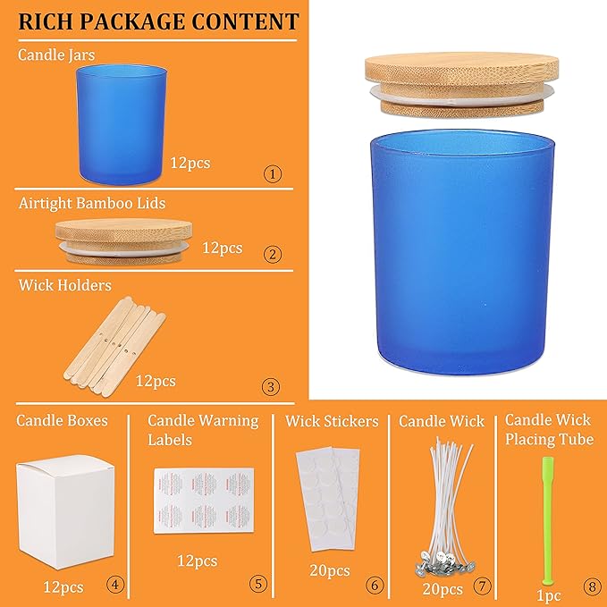 MILIVIXAY 12 Pack 10 OZ Frosted Blue Glass Candle Jars With Lids and Candle Making Kits - Bulk Empty Candle Jars For Making Candles - Spice, Powder Containers.