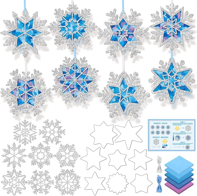 Tinlade 32 Set Winter Snowflake Craft Kit DIY Snowflakes Suncatchers Window Stained Glass Tissue Paper Glitter Blue Hanging Ornaments Decorations Make Your Own Xmas Winter School Activities