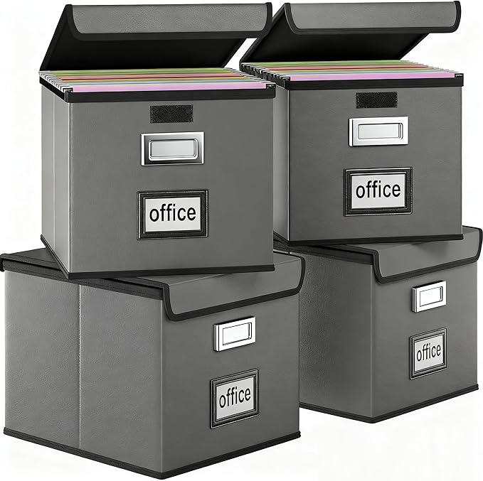 Huolewa Portable Leather File Organizer Boxes with Lids, Office Document Boxes Organizer, Filing Boxes, Decorative Small File Boxes for Hanging Files with Plastic Slide for Office/Decor/Home