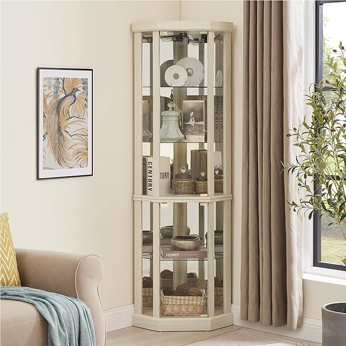 69" H Lighted Curio Cabinet Corner Display Case,Corner Glass Cabinets with Tempered Glass Door and Adjustable Shelves,Wooden Curio Cabinet with Mirrored Back Pane(Style 1 - Antique White)