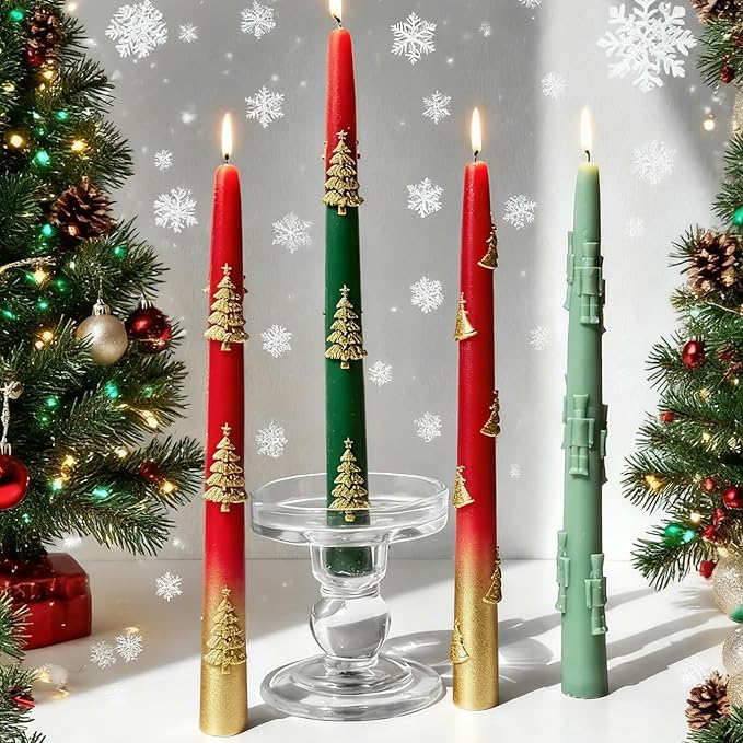 2 PCS Christmas Long Candle Silicone Mold,Pillar Candlestick Candle Mold Christmas Tree and Walnut Soldiers Candle Mold for DIY Handcraft,Gift Wedding Party Home Dinner Festive Days