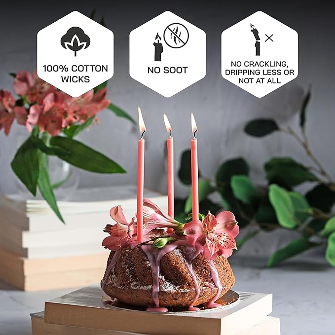 Danilovo Thin Taper Beeswax Candles - Honey-Scented, Decorative Candles Ideal for Birthday Decoration or Church Prayers - Pink Drip Free, Tall & Smokeless Pack of 50 pcs, 7.3 x 0.24 inch