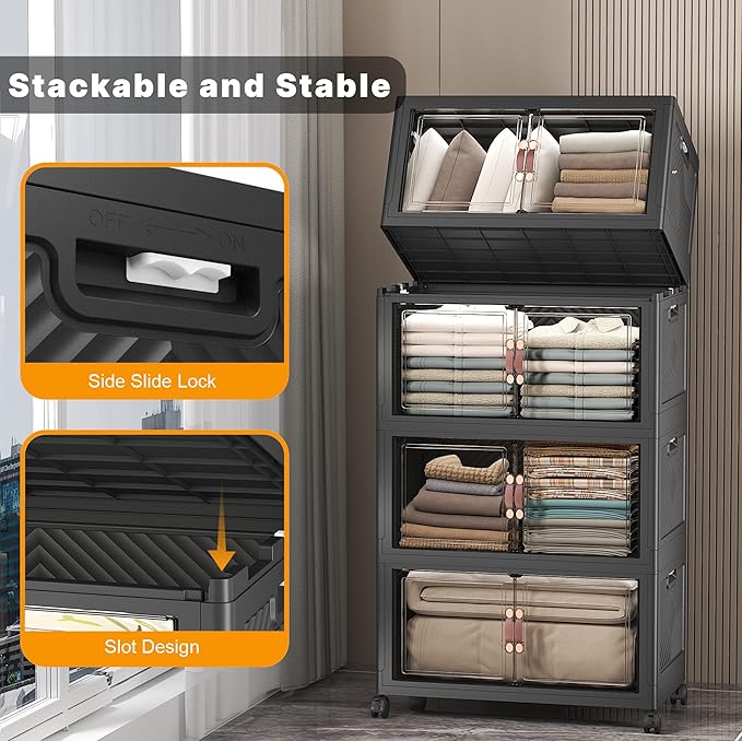 Stackable Storage Bins with Lids & Wheels & Door, Foldable Collapsible Closet Organizers, Extra Large Plastic Storage Drawers for Bedroom Dorm Office Garage (Dark-120qt, 4Pack with 1 top lid)