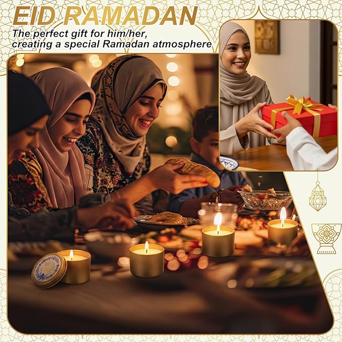 Nuanchu 24 Pack Eid Mubarak Scented Candles Gift 2 oz Blue Gold Star and Moon Design Ramadan Aromatherapy Soy Wax Jars Lasting Bulk Favors for Home Islamic Holiday Party Decor