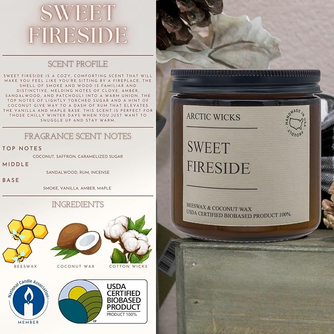 Sweet Fireside Candle | Arctic Wicks 16oz Coconut & Beeswax Candles | Campfire Sweet Scented Fireside Candles for Fall, Winter, Holidays, Gifts, Non-Toxic, Sustainable | USDA Certified 100% Biobased