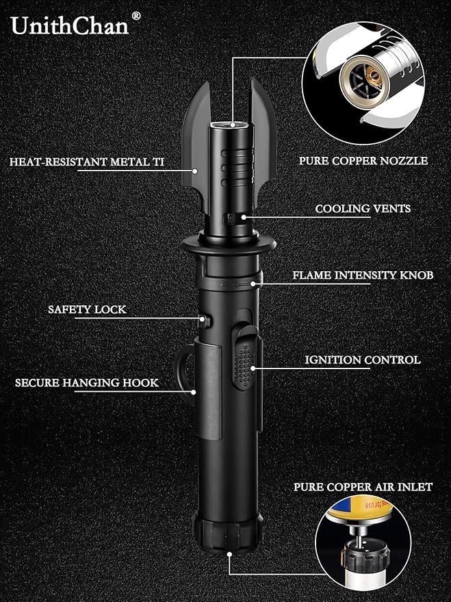 Torch Lighter, Refillable Butane Jet Flame Lighter with Adjustable Flame & Safety Lock, Windproof Gas Torch for Camping, BBQ, Fireplace, Candles, Cooking, Fireworks (Butane Not Included) (Yellow)