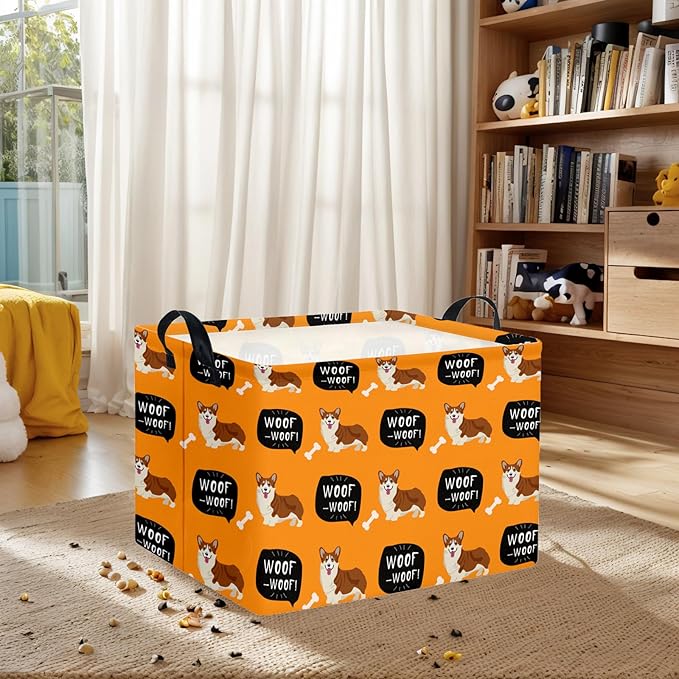 Woof Dog Basket Storage Bin for Chew Toys Pet Supplies & Pet Organizer Dog room decor (Orange)