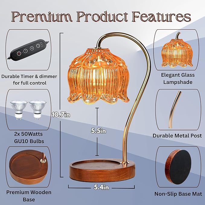 Candle Warmer Lamp with Timer, Dimmable Wax Melt Lamp for Large & Standard Jar Candles, Includes 2 GU10 Bulbs, Elegant Vintage Home Decor Gift for Women & Mom (A1-Amber Lotus)