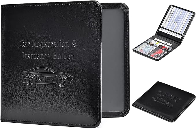 HerriaT Car Registration and Insurance Card Holder - Leather Vehicle Glove Box Automobile Documents Paperwork Wallet Case Organizer for ID, Driver's License, Key Contact Information Cards - Men&Women