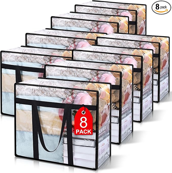 8Pack Clear Blanket Storage Bags, Vinyl Comforter Clothes Storage Closet Organizers and Storage Containers Moving Bags with Reinforced Handle for Bedding, Clothing, Comforters, Pillows, Toys,40L