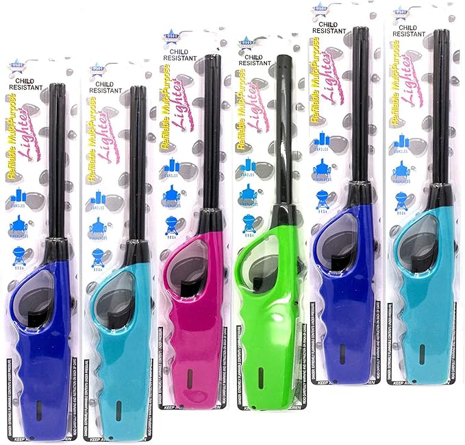 Multipurpose Long Fire Lighters Pack, Refillable Upgrade, Ideal for BBQ Grill Fireplace Gas Stove Campfire, Neon Color Utility Lighter, Value Pack of 6
