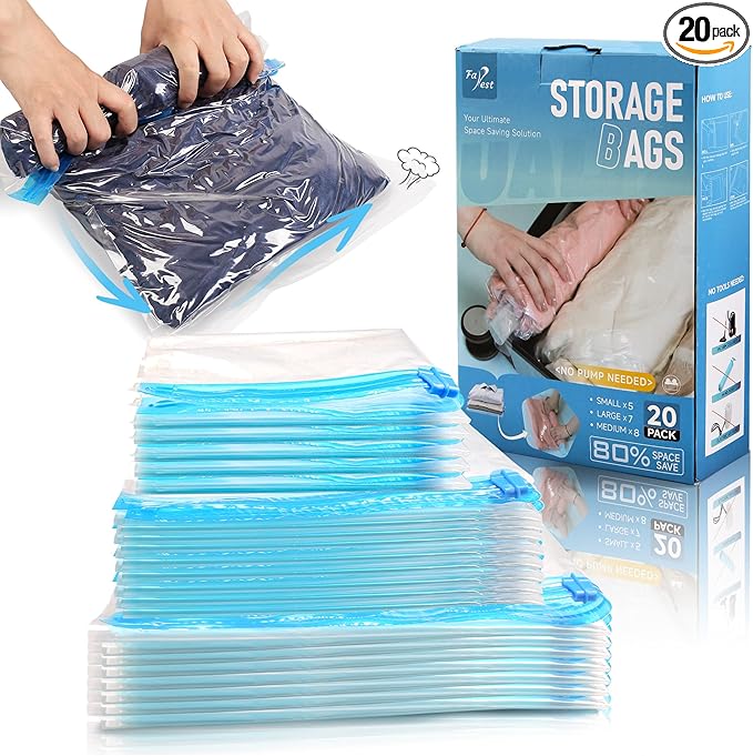 Compression Bags for Travel - Travel Essentials - 20 Pack Space Saver Bags - No Vacuum Needed - Compression Packing Bags for Cruise Accessories