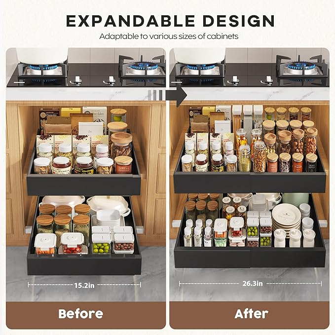 Seinloes 2 Pack Pull Out Cabinet Organizers 21" Deep With Raising Pad for Framed Cabinets, Expandable Width (15.2"-26.3") Slide Out Drawers Upgrade 3 Slide Rails, Roll Out Shelves Adhesive, Black