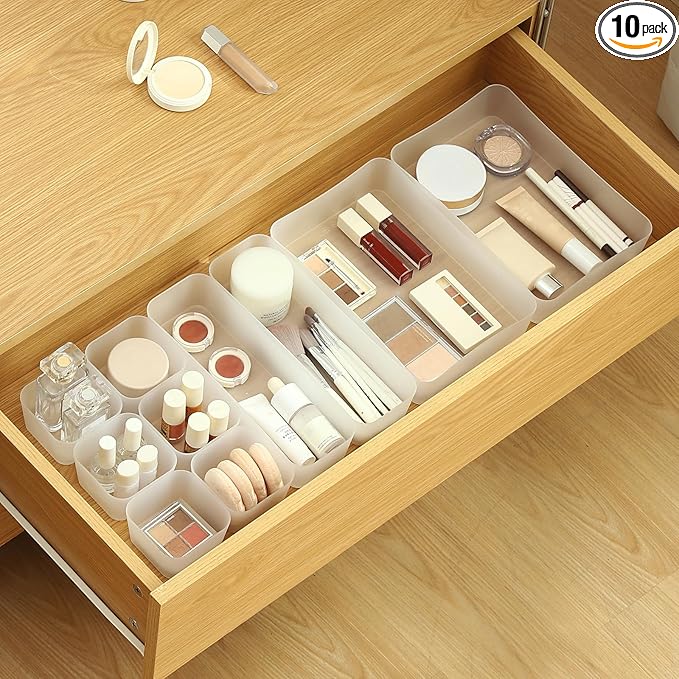 Poeland 10 Pcs Drawer Organizer Tray Storage Box for Bedroom Dresser Bathroom Kitchen, Frosted