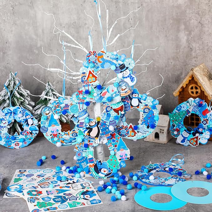 Hollowfly 48 Sets Winter Wreath Craft Kits DIY Snowflake Wreath Ornaments Decorations Make Your Own Snowman Stickers Craft for Home Winter Party Favors Activities