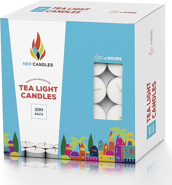 200 Unscented Tea Lights Candles White, Smokeless, Dripless & Long Lasting Paraffin Small Votive Mini Tealight Candle for Home, Pool, Shabbat, Weddings & Emergencies (200-Pack)
