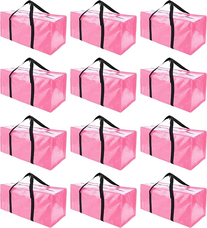 PANDA JOYS 12 Pack Extra Large Moving Bags with Zippers & Carrying Handles, Heavy-Duty Storage Tote for Space Saving Moving Storage, Fold Flat, Alternative to Box and Bin,Pink