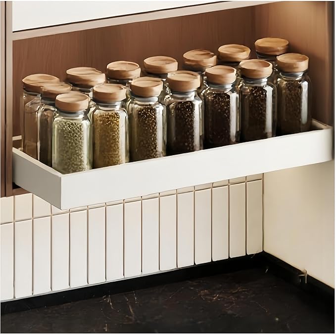Pull out Cabinet Organizer,Width (18"-25") and Depth (10"-13") Expandable,No Drill Adjustable Slide out Drawers for Pantry,Adhesive Roll out Shelves Short,for upper cabinet,White