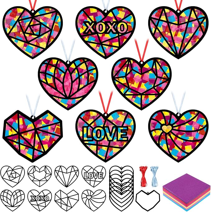 Tinlade 48 Set Valentine's Day Suncatchers Crafts Kit Valentines Heart DIY Window Stained Glass Tissue Paper Red Love Hanging Ornaments Make Your Own Suncatcher Summer Home School Classroom Activities