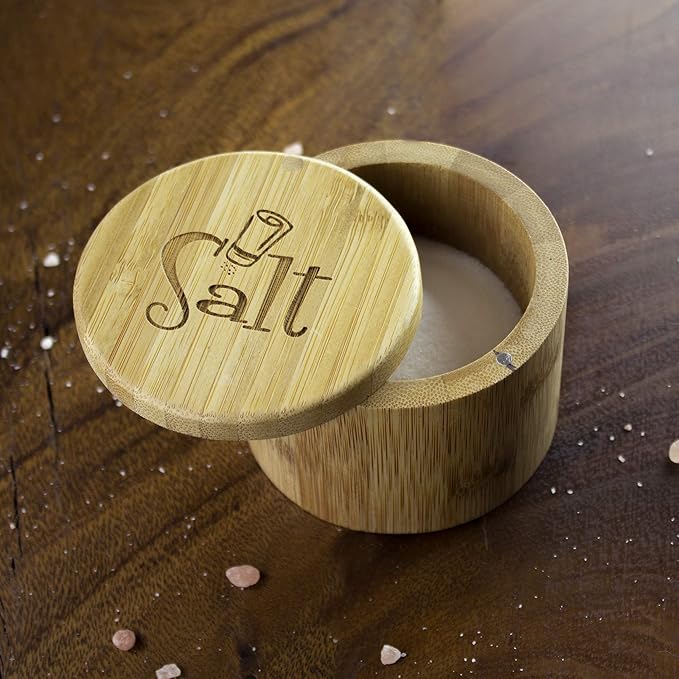 Totally Bamboo Salt Cellar Bamboo Storage Box with Magnetic Swivel Lid, 6 Ounce Capacity, Salt Engraved on Lid