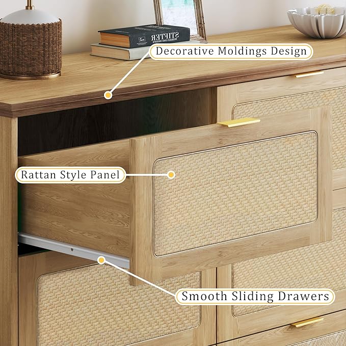 HUAHUU 9 Drawer Dresser for Bedroom, 60 Inch Long Dressers & Rattan Chest of Drawers, Large TV Stand for 55, 65, 70 Inch TV, Boho Style, Modern Dresser for, Living Room, Entryway, Bedroom, Natural Oak