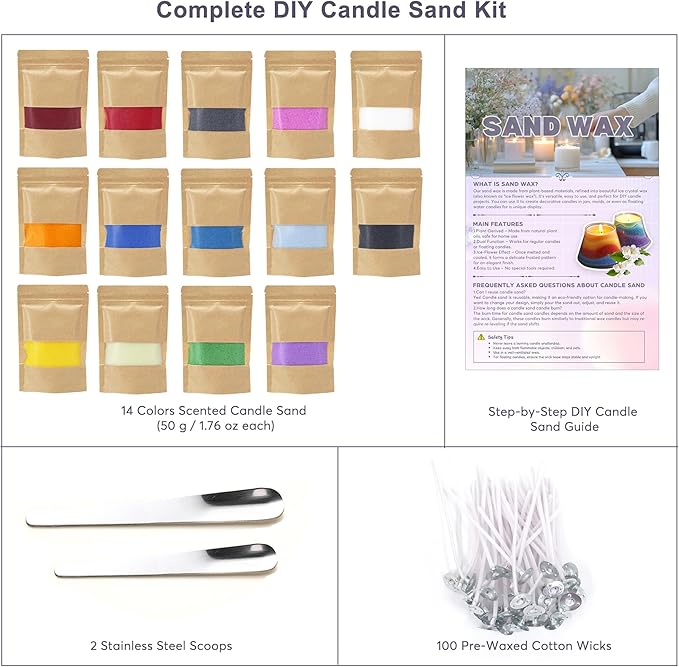 Monivi Candle Sand with Wicks 14 Colors Sand Wax Pearled Candle Wax Beads (1.76oz Each Color, 1.5lb/24.7oz Total up to 120Hours) Refillable Candle Making Kit Mothers Day Gift (Unscented)