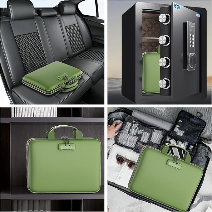 Fireproof File Organizer with Lock, Hard Case Fireproof Document Box with 13 Pockets Accordion File Folder, Important Document Organizer for Letter A4 Files Laptop Passports (Green)