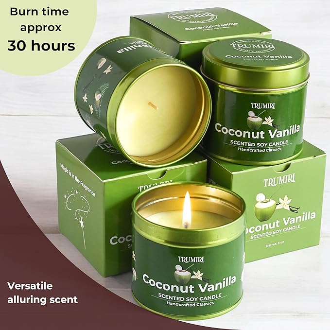 Coconut Vanilla - Aromatherapy Candles for Home Scented - Pack of 3-5oz Natural Soy Wax Clean Organic Non Toxic - Long Lasting Highly Scented with Essential Oils - Gifts for Women Relaxing Spa