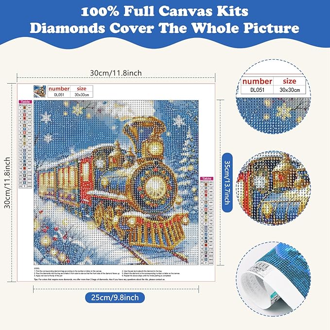 SENQAO Train Diamond Art Kits for Adult, Christmas Diamond Painting Kits for Beginners, DIY Full Drill Winter Holdiay Rhinestone Diamond Dots Gem Painting Art Craft Home Decor 12 x12 Inch