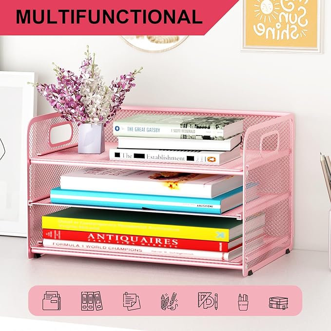 3 Tier Paper Letter Tray Organizer for Desk, Mesh File Folder Document Organizer with Handle for Home Office Supplies Desktop Accessories, Pink