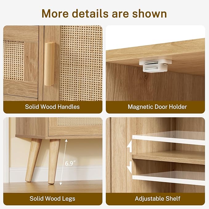 TEENFON Storage Cabinet with Rattan Door & 3 Drawers, Rattan Cabinet with Adjustable Shelf, Sideboard Buffet Cabinets with Storage, Entryway Cabinets, for Living Room, Dining Room, Entryway, Natural