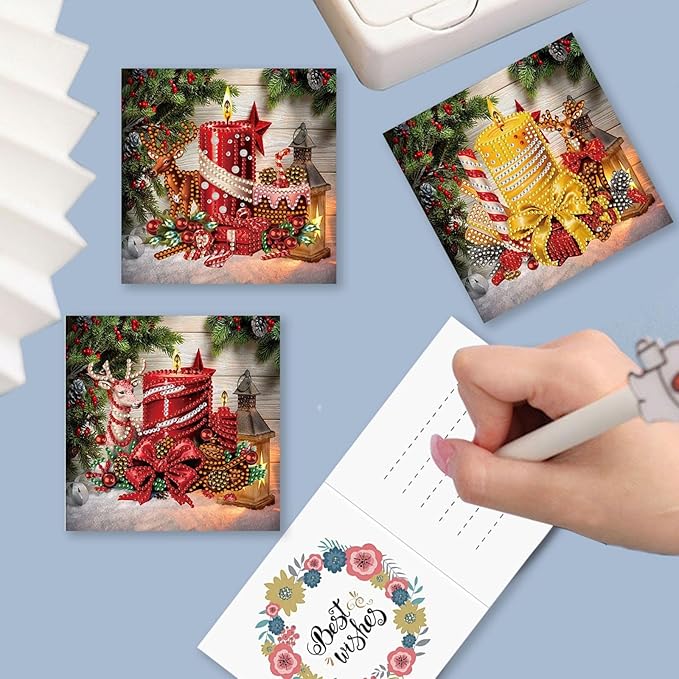 DIY Diamond Art Christmas Greeting Card, Diamond Art Christmas Greeting Card, Christmas Cards, Handmade Christmas Card Making Kits for Family & Friends-Christmas Candles