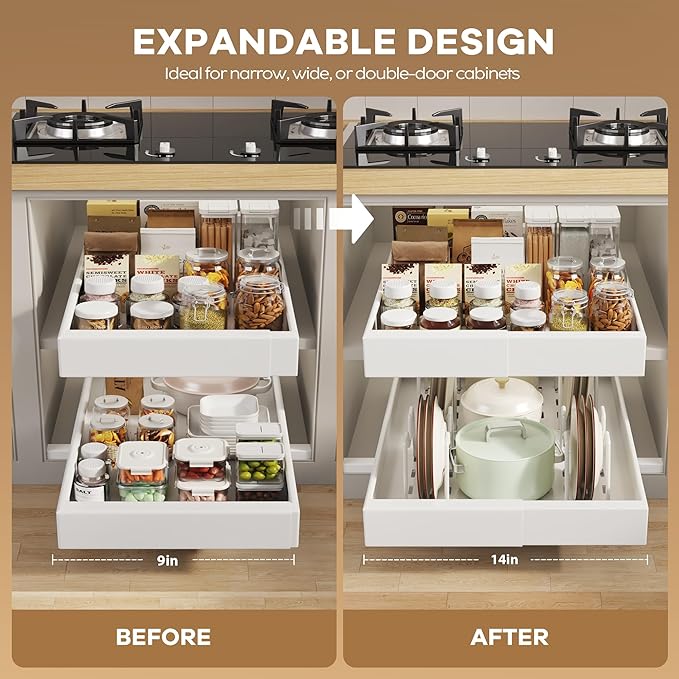 Seinloes 2 Pack Pull out Cabinet Organizer 21" Deep With Raising Pad for Framed Cabinets, Expandable Slide out Drawers for Kitchen Cabinets with 4pcs Divider Racks, Roll out Shelves 9"-14" W White