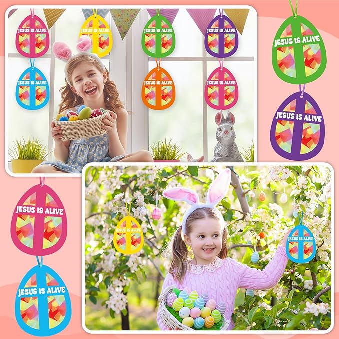 Qyeahkj 36 Set Easter Eggs Suncatchers Crafts for Kids DIY Jesus is Alive Cross Window Tissue Paper Craft Kit Religion Hanging Decor for Church School Home Activity Art Project Party Favor Gift