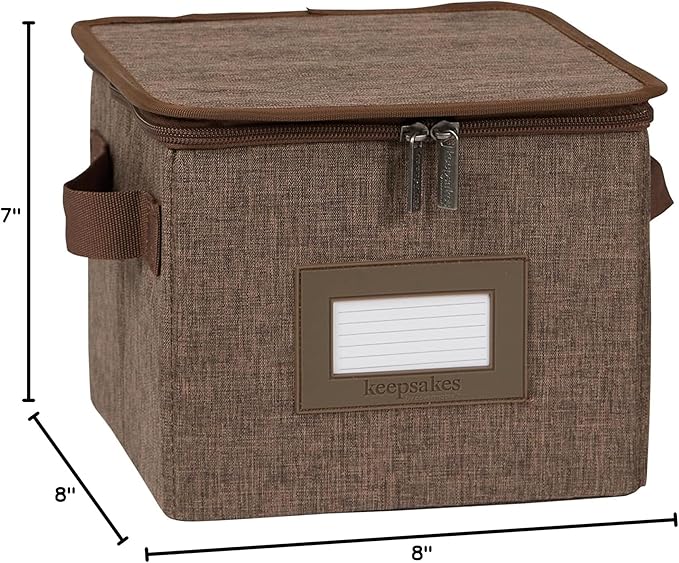 Covermates Dish Storage Box – China & Dinner Plate Storage Container with Dual Zippers, Reinforced Handles, ID Window & Stackable Structured Walls for Dishware Organization, Brown Heather