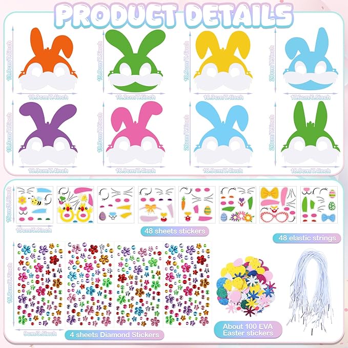 Funrous 48 Sets Easter Crafts Kit Easter Bunny Mask Paper Crafts Bulk DIY Make Your Own Rabbit Face Mask Activity Arts with Foam and Diamond Stickers Spring Classroom Gifts Project Party Favors