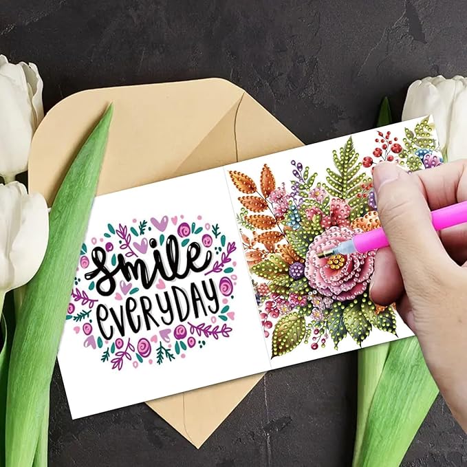DoxQcs 5D Diamond Art Painting Greeting Cards Kit, DIY Cards for Blessings Congratulations Gifts, Greeting Card Set for Birthday Thanksgiving Day Christmas Halloween-Bouquet-2