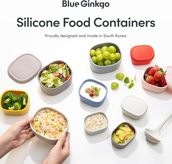 BLUE GINKGO Nesting Silicone Containers - Set of 3 Hard-Shell Silicone Food Storage Containers | BPA Free, Airtight, Dishwasher and Freezer Safe (6.7oz, 10oz, 20oz) - Blue