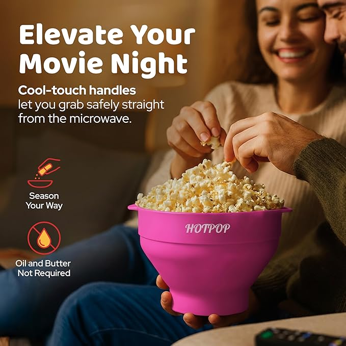 The Original Hotpop Microwave Popcorn Popper, Silicone Popcorn Maker, Collapsible Bowl BPA-Free and Dishwasher Safe- 20 Colors Available (Pink)