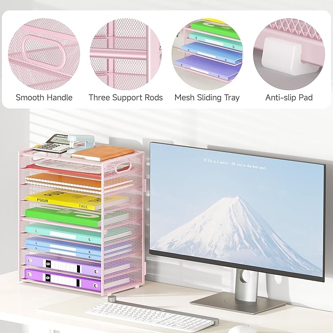 Cawukege 9 Tier Paper Organizer with Handle, Pink Large Capacity Desk Organizer Mesh File Folder Letter Paper Tray Desktop Document Sorter for Classroom, School, and Office Accessories Organization
