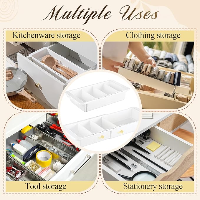2 Pcs Expandable Drawer Organizer Bins Adjustable Deep Drawer Hanging Organizer Tray Expandable 11.4 to 18.1 Inches Plastic Dividers Storage for Office Bathroom Bedroom Kitchen Desk, White