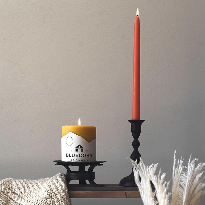 Bluecorn Beeswax Taper Candles, 100% Pure Natural Bees Wax, Pair of 12 Inch Orange Tapered Candlesticks, Clean Burning & Dripless, Fragrance Free, Long Lasting, Home Decor, American Made, 1 Count