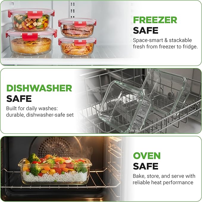 NutriChef 24 Piece Glass Food Storage Containers with Lids - Airtight Glass Meal Prep Containers, Bento Lunch Boxes, Hinged Lock Lid, For Meal Prep, Kitchen Storage, Freezer (12 Containers & 12 lids)