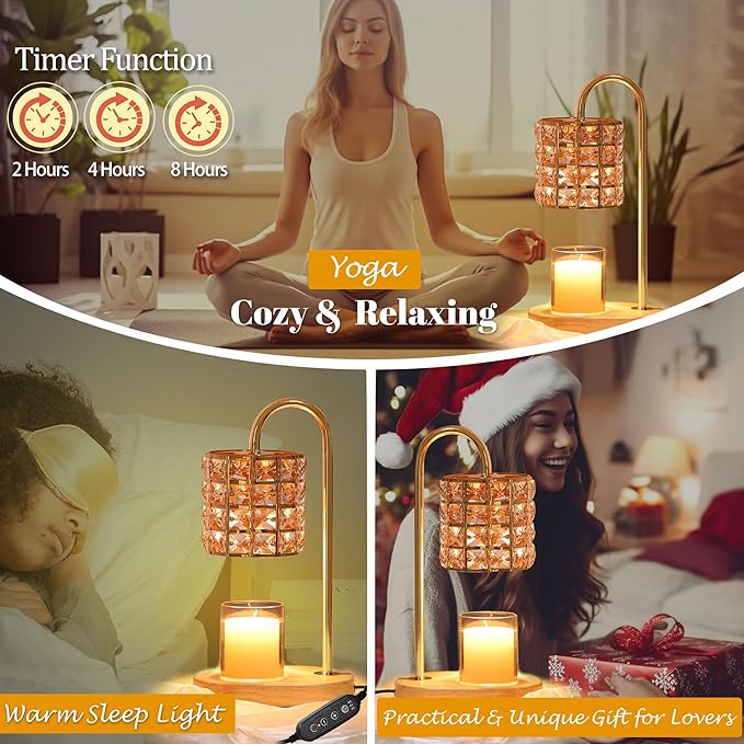 Candle Warmer Lamp, Wax Warmer Lamp with 2 Bulbs, Timer & Dimmer 7-Levels, Candle Top Melting Compatible Jar Candles, Glass Candle Heater Lamp for Scented Wax, Gifts for Mom Home Decor (Amber)