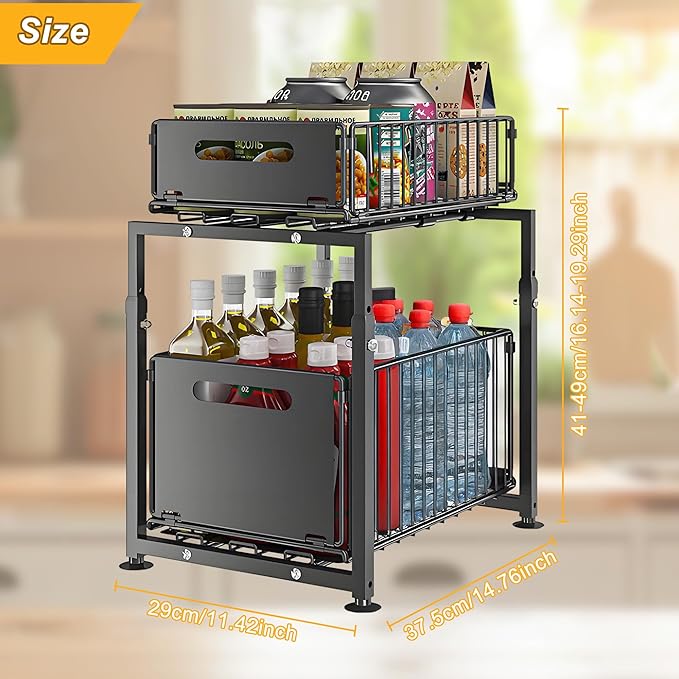 Under Sink Organizer, Pull Out Cabinet Organizer 2 Tier Slide Out Sink Shelf Cabinet Storage Shelves, Under Sink Storage for Kitchen Bathroom Cabinet, Black, 1 Pack
