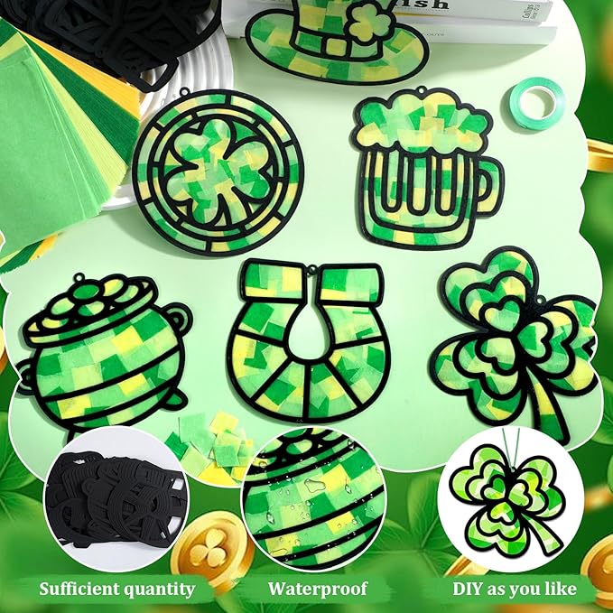 Qyeahkj 36 Set St. Patrick's Day Suncatchers Crafts for DIY Shamrock Window Tissue Paper Craft Kit Hanging Decor for St. Patrick's Day Home Activity Art Project Birthday Party Favor