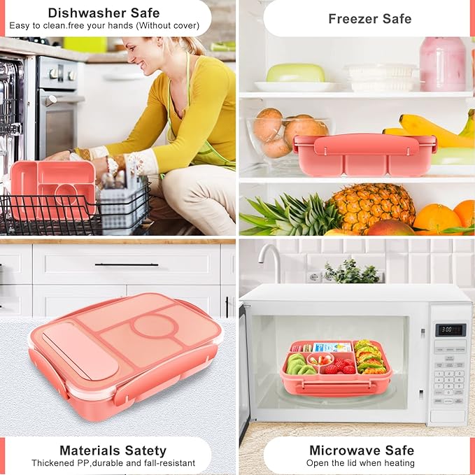 Kids & Adult Bento Lunch Box - 5 Compartment Lunch Containers, Sauce Vontainers, Microwave, Dishwasher & Freezer Safe (Pink)