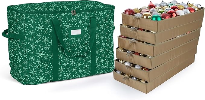 Covermates Keepsakes Adjustable Ornament Storage Bag – Heavy-Duty Polyester, Padded Dividers & FlexGrid Trays – Protective Holiday Ornament Organizer with Handles & Label Window, Green Snowflake
